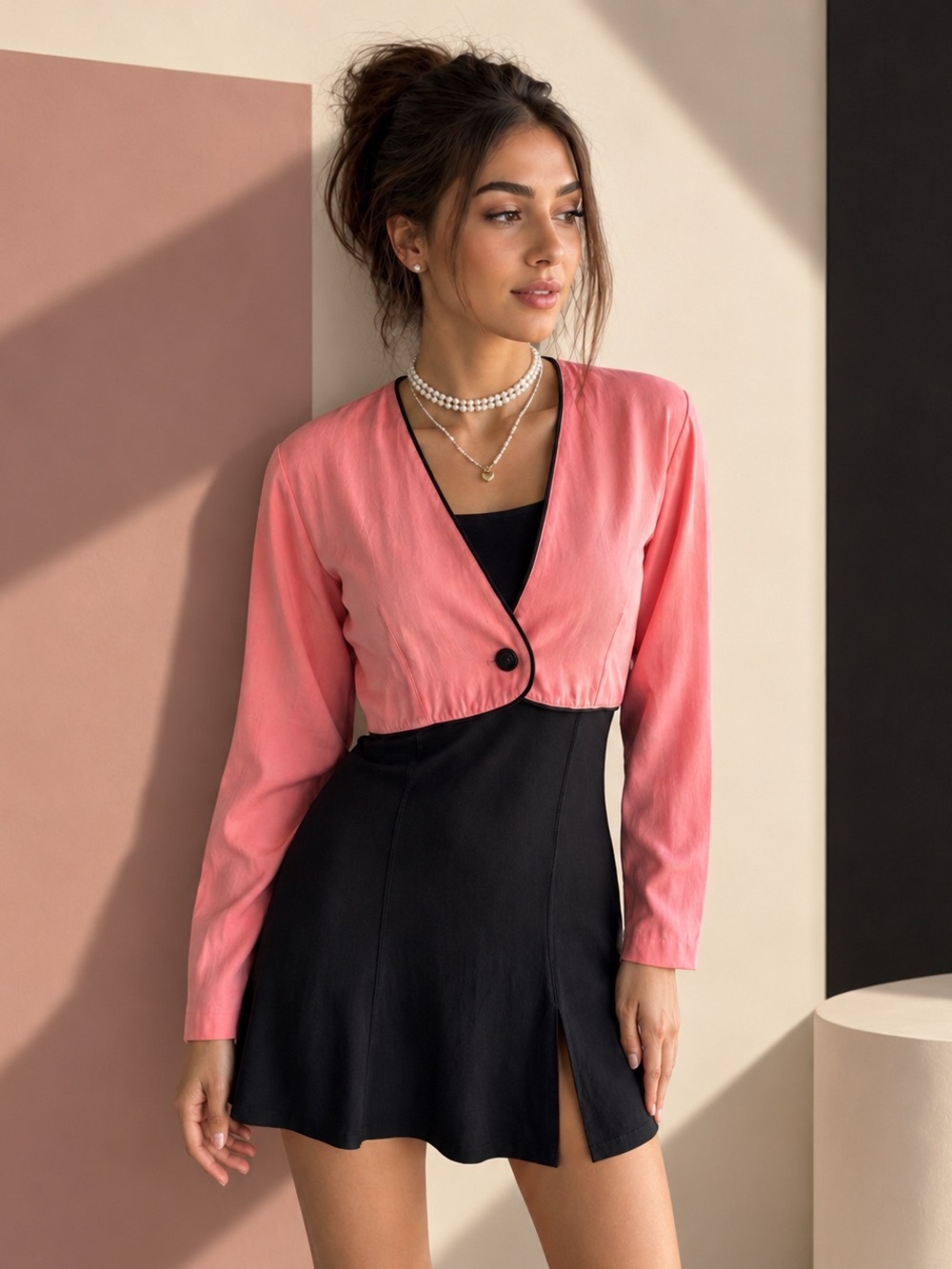 80s Vintage  salmon pink and black cropped cardigan  with a button closure